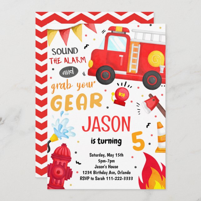 Fire Truck Firefighter  Birthday Invitation (Front/Back)