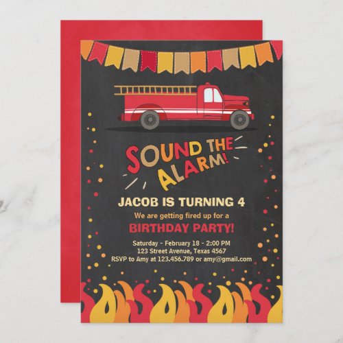 Fire Truck Firefighter Birthday Invitation Boy