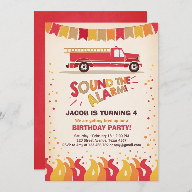Fire Truck Firefighter Birthday Invitation Boy (Front/Back)