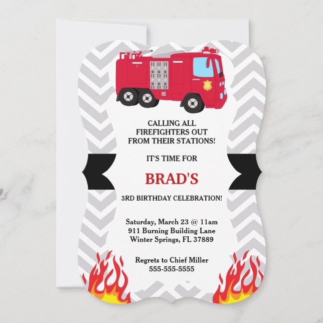Fire Truck Firefighter Birthday Invitations (Front)