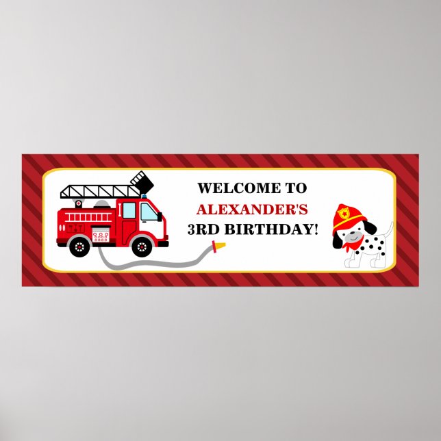 Fire Truck Firefighter Birthday Party Banner Poster (Front)