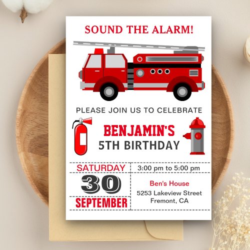 Fire Truck Firefighter Birthday Party Invitation