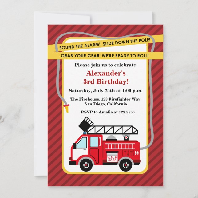 Fire Truck Firefighter Birthday Party Invitation (Front)