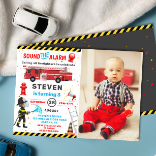 Fire Truck Firefighter Birthday Party Photo Invitation