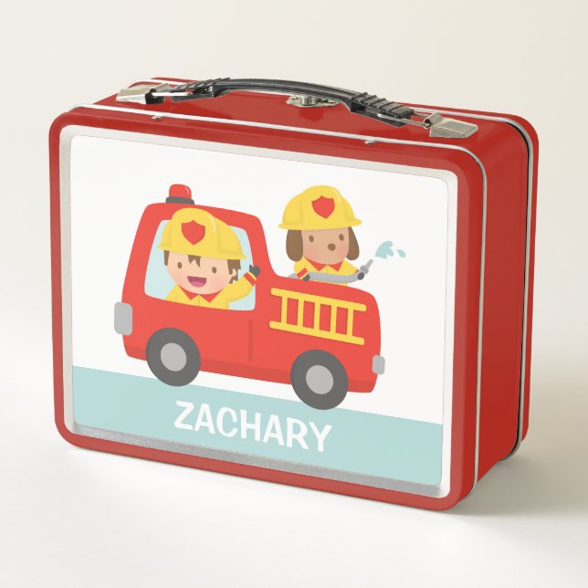 Fire Truck Firefighter Boy and Puppy Personalized  Metal Lunch Box (Back)