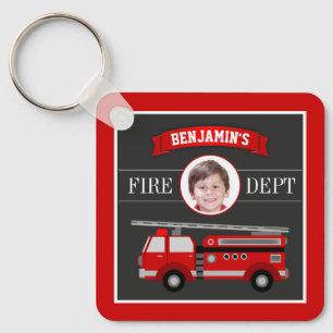 Fire Truck Firefighter Custom Photo Name Kids Keychain