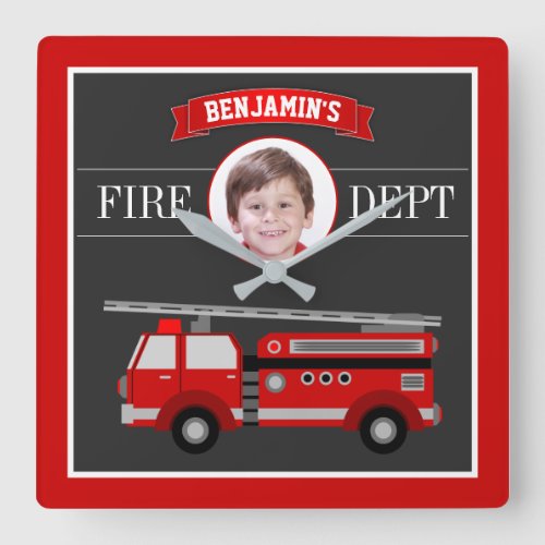 Fire Truck Firefighter Custom Photo Name Kids Room Square Wall Clock