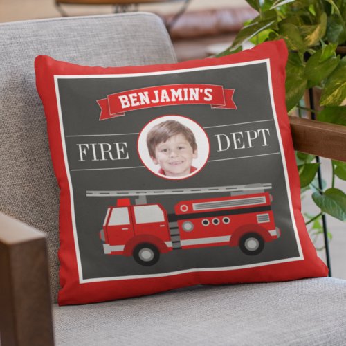 Fire Truck Firefighter Custom Photo Name Kids Room Throw Pillow