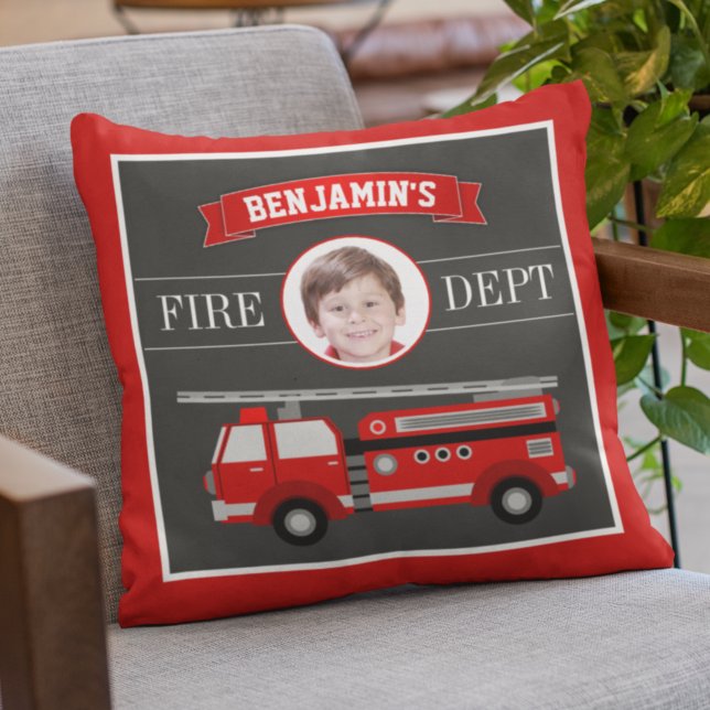 Fire Truck Firefighter Custom Photo Name Kids Room Throw Pillow (Creator Uploaded)