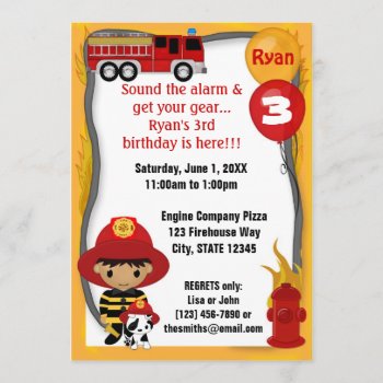 Fire Truck Firefighter Dalmatian Birthday Ff02b Invitation by MonkeyHutDesigns at Zazzle