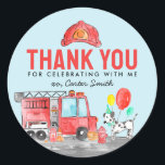 Fire Truck Firefighter Dog Thank You Kids Birthday Classic Round Sticker<br><div class="desc">Modern Cute Fire Truck Firefighter Dalmatian Dog Balloon Kids Birthday Favor Sticker</div>