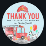 Fire Truck Firefighter Dog Thank You Kids Birthday Classic Round Sticker<br><div class="desc">Modern Cute Fire Truck Firefighter Dalmatian Dog Balloon Kids Birthday Favor Sticker</div>