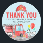 Fire Truck Firefighter Dog Thank You Kids Birthday Classic Round Sticker<br><div class="desc">Modern Cute Fire Truck Firefighter Dalmatian Dog Balloon Kids Birthday Favor Sticker</div>