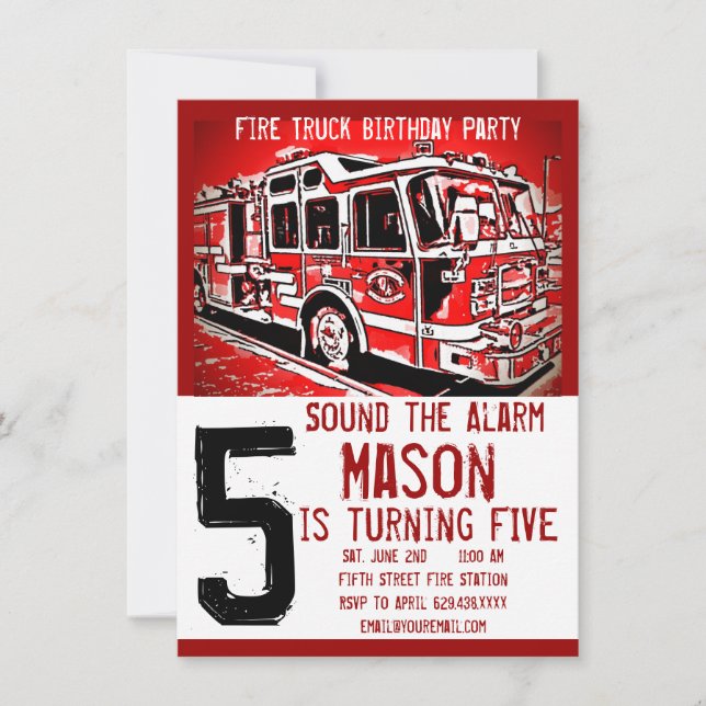 Fire Truck Firefighter Kids Birthday Invitations (Front)