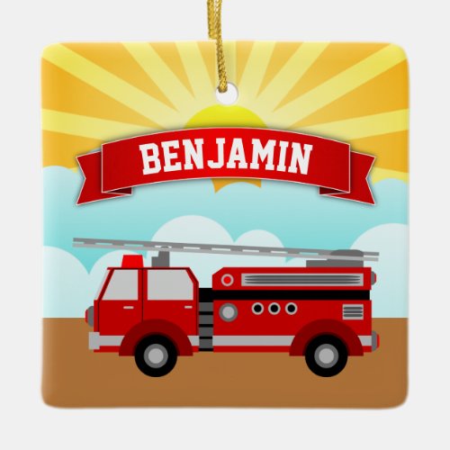 Fire Truck Firefighter Personalized Name Kids Room Ceramic Ornament