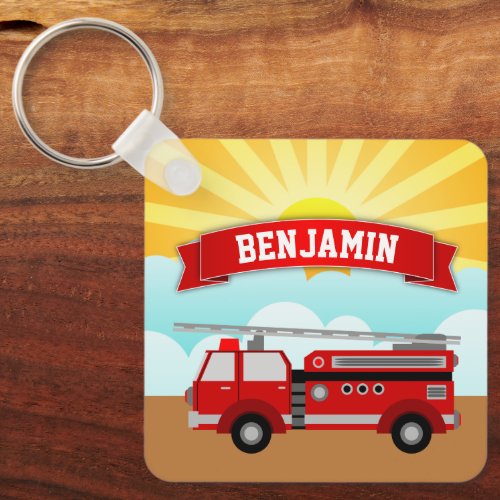 Fire Truck Firefighter Personalized Name Kids Room Keychain
