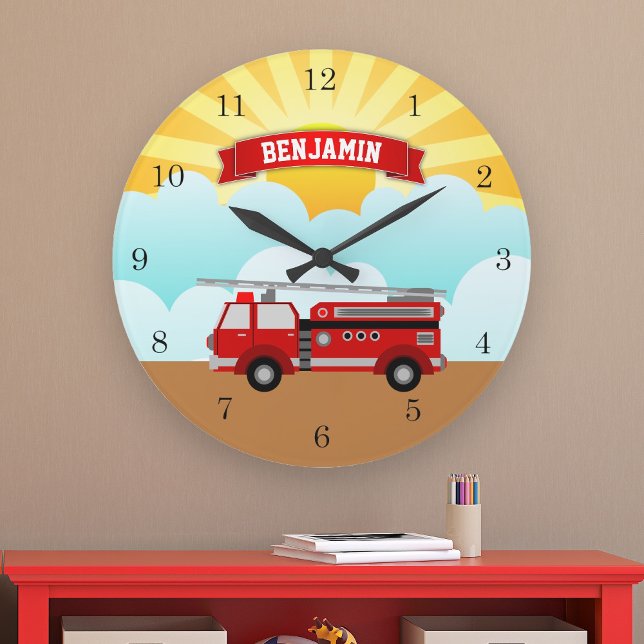 Fire Truck Firefighter Personalized Name Kids Room Large Clock (Creator Uploaded)