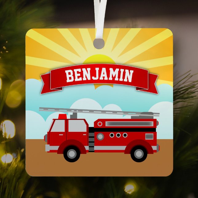 Fire Truck Firefighter Personalized Name Kids Room Metal Ornament (Creator Uploaded)