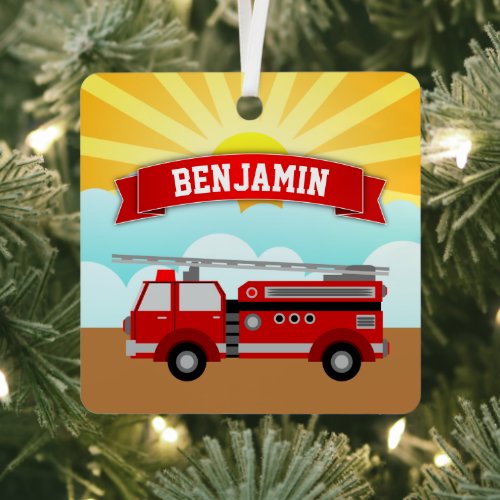 Fire Truck Firefighter Personalized Name Kids Room Metal Ornament