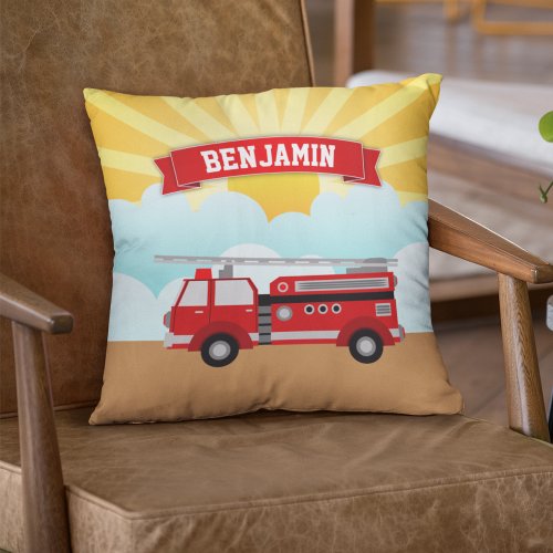 Fire Truck Firefighter Personalized Name Kids Room Throw Pillow