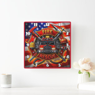 Fire Truck Firefighter Rescue  Square Wall Clock