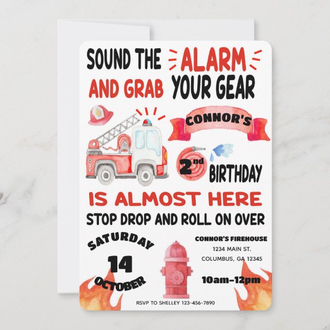 Fire Truck - Firefighter -Sound the Alarm Birthday Invitation (Front)