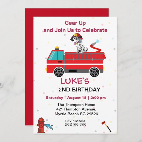 Fire Truck Fireman Kids 2nd Birthday Party Invitation