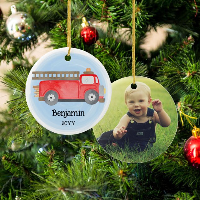 Fire Truck Fireman Photo Keepsake Christmas Ceramic Ornament (Creator Uploaded)
