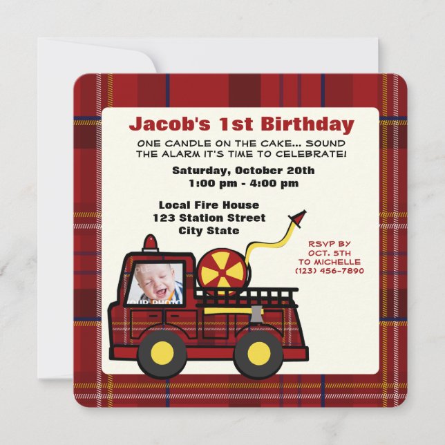 Fire Truck First Birthday Plaid Invitation (Front)