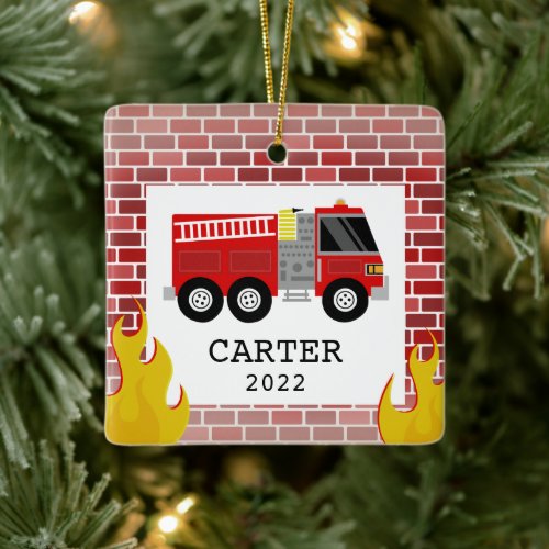 Fire Truck Flames Kids Little Boy Christmas Ceramic Ornament