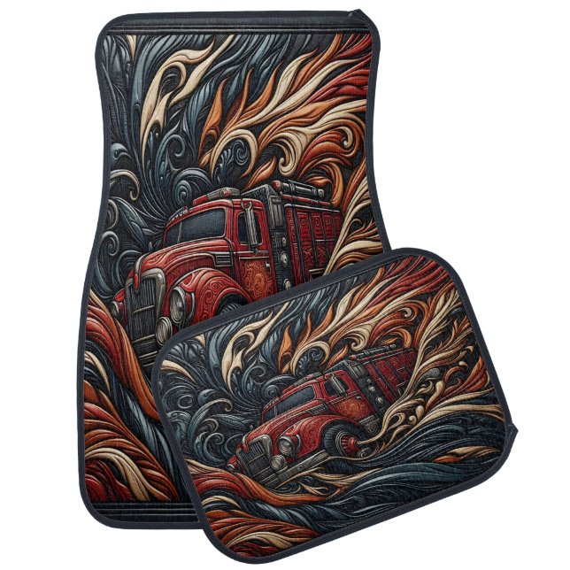 Fire Truck Heroism on Leather Car Floor Mat (Set)