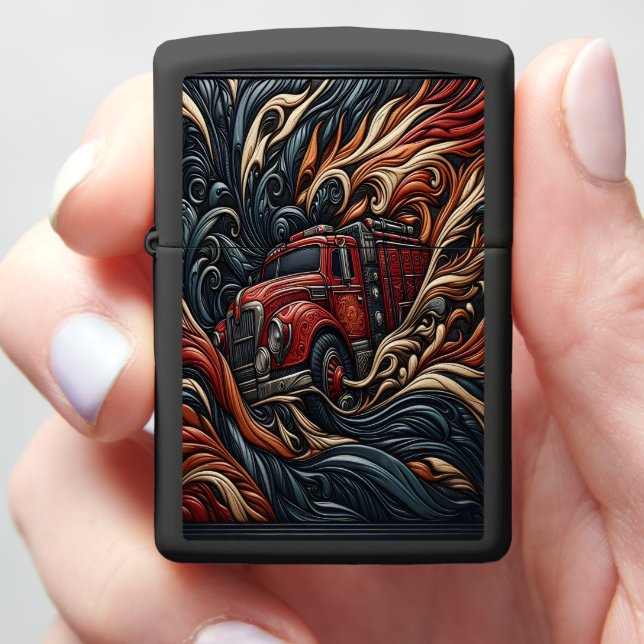 Fire Truck Heroism on Leather Zippo Lighter (In Hand)