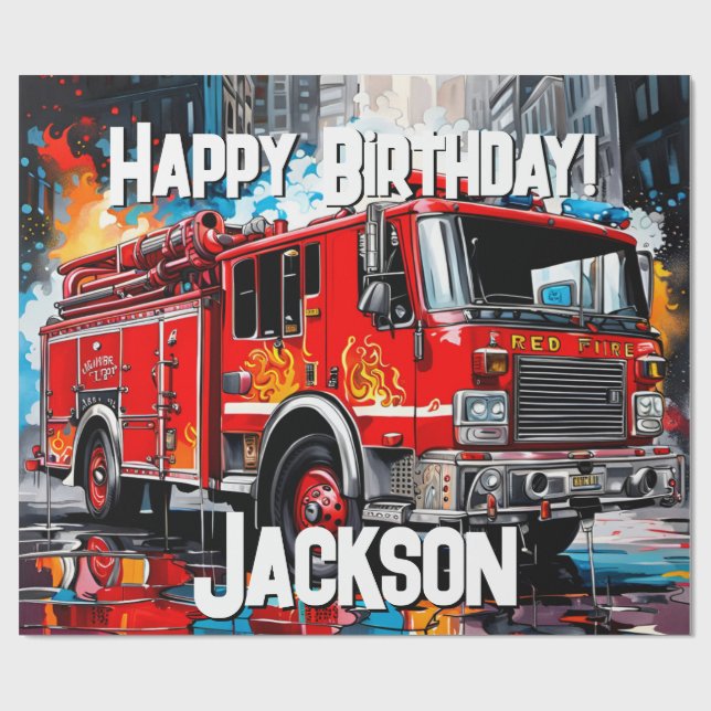 Fire Truck in City Wrapping Paper (Flat)