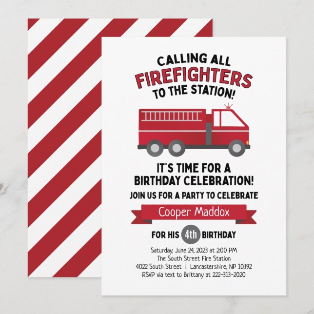 Fire Truck Invitation for a Firefighter Birthday (Front/Back)