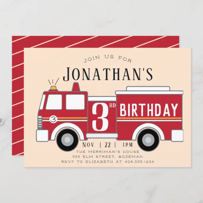 Printable digital boys toddler kids birthday party invite 1st 2nd 3rd 4th 5th 6th 7th Fireman Fire Truck birthday party invitation for kids