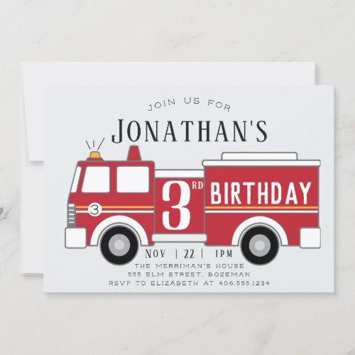 Fire truck kids birthday invitation