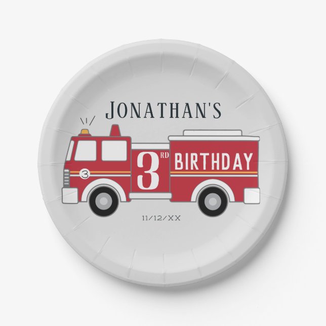 Fire truck kids birthday invitation paper plates (Front)
