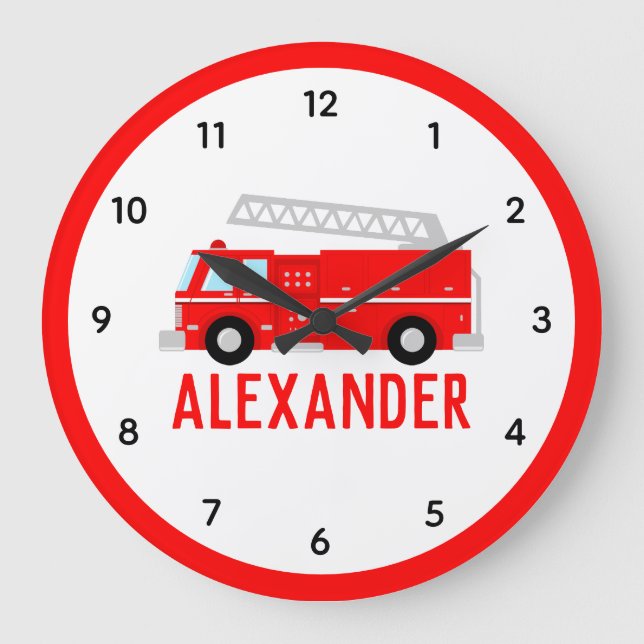 Fire Truck Kids Name Large Clock (Front)