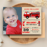 Fire Truck Kids Photo Birthday Party Invitation<br><div class="desc">Amaze your guests with this cool birthday party invite featuring a beautiful fire truck and cute fire fighting equipment against a beige background. Simply add your event details on this easy-to-use template and adorn this card with your child's favorite photo to make it a one-of-a-kind invitation. Flip the card over...</div>