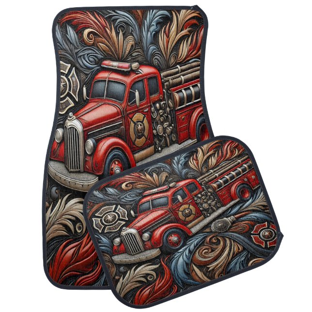 Fire Truck Leather Tribute Art Car Floor Mat (Set)