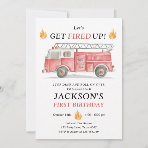 Fire Truck Let's Get Fired Up Boy Birthday Invitation