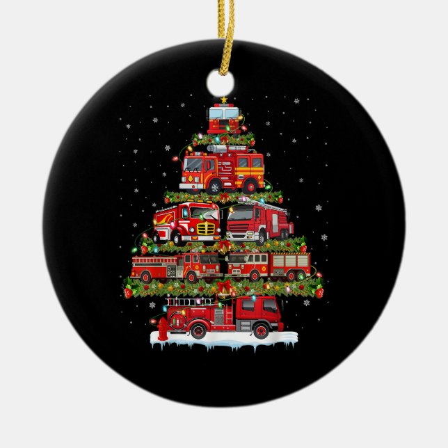Fire Truck Lights Firefighter Fire Truck Christmas Ceramic Ornament (Front)
