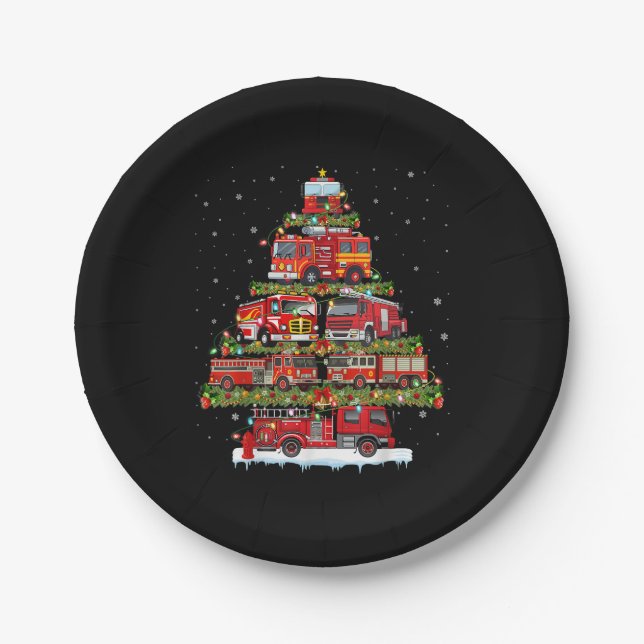 Fire Truck Lights Firefighter Fire Truck Christmas Paper Plates (Front)