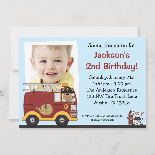 Fire Truck Monkey Photo Birthday Party Invitations (Front)