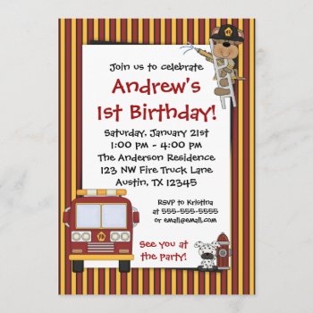 Fire Truck Monkey Stripes Birthday Invitations by WhimsicalPrintStudio at Zazzle