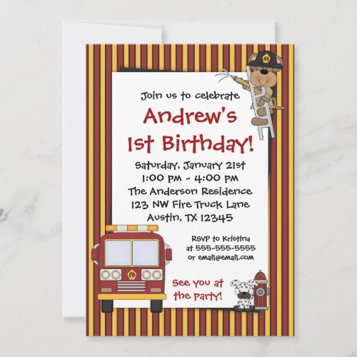 Fire Truck Monkey Stripes Birthday Invitations