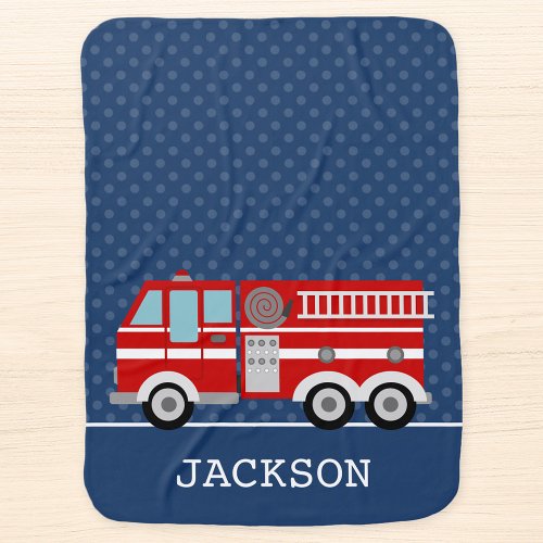 Fire Truck Navy Blue Polka Dot Personalized Boy Baby Blanket