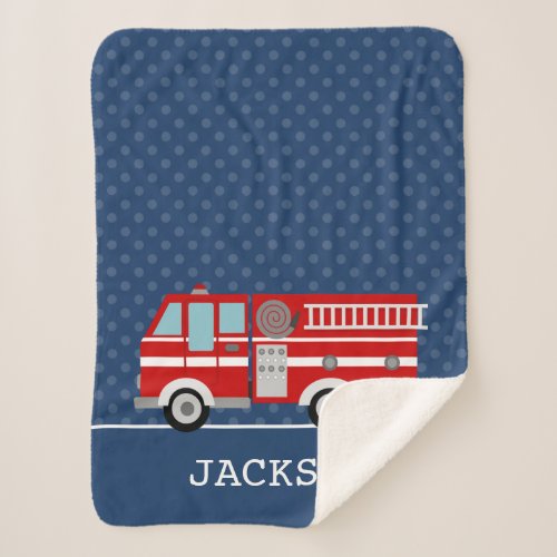 Fire Truck Navy Blue Polka Dot Personalized Boy Sherpa Blanket