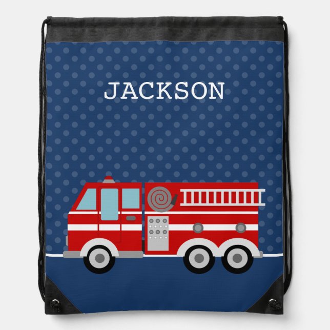 Fire Truck Navy Blue Polka Dot Personalized Drawstring Bag (Front)
