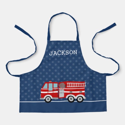 Fire Truck Navy Blue Polka Dot Personalized Kids Apron